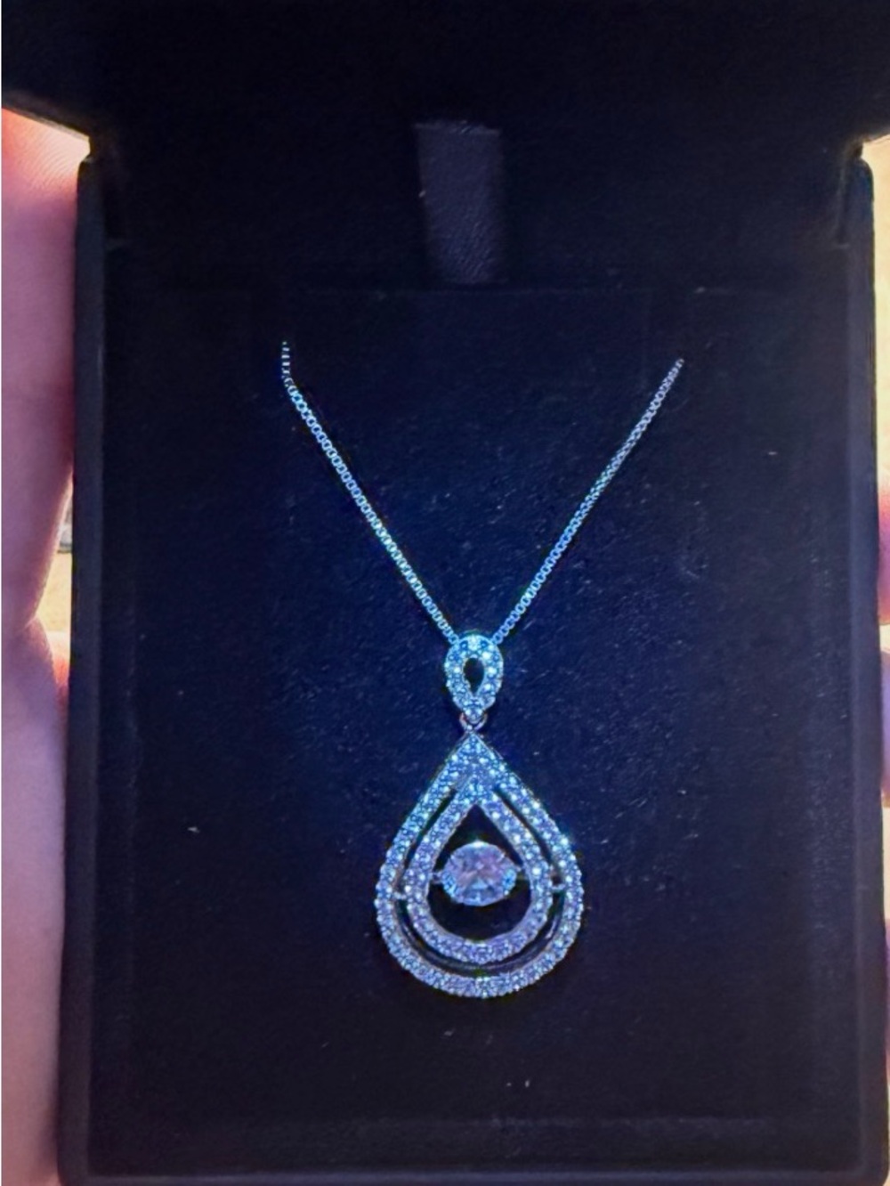 Sparkling double teardrop halo intertwined, dancing necklace